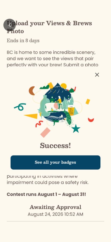 Photo contest success screen after uploading a Views and Brews entry