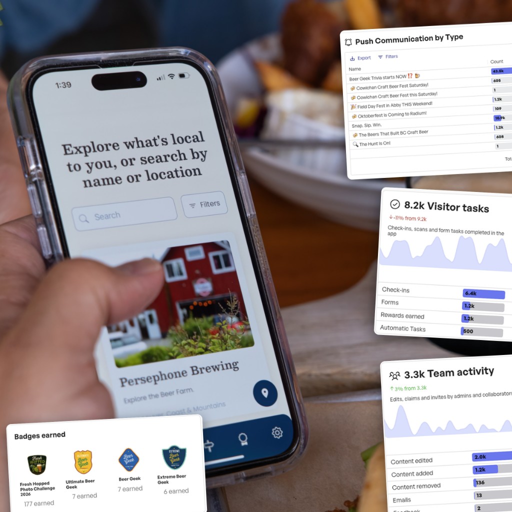 Engagement Engine collage of the visitor app, push reports, and activity